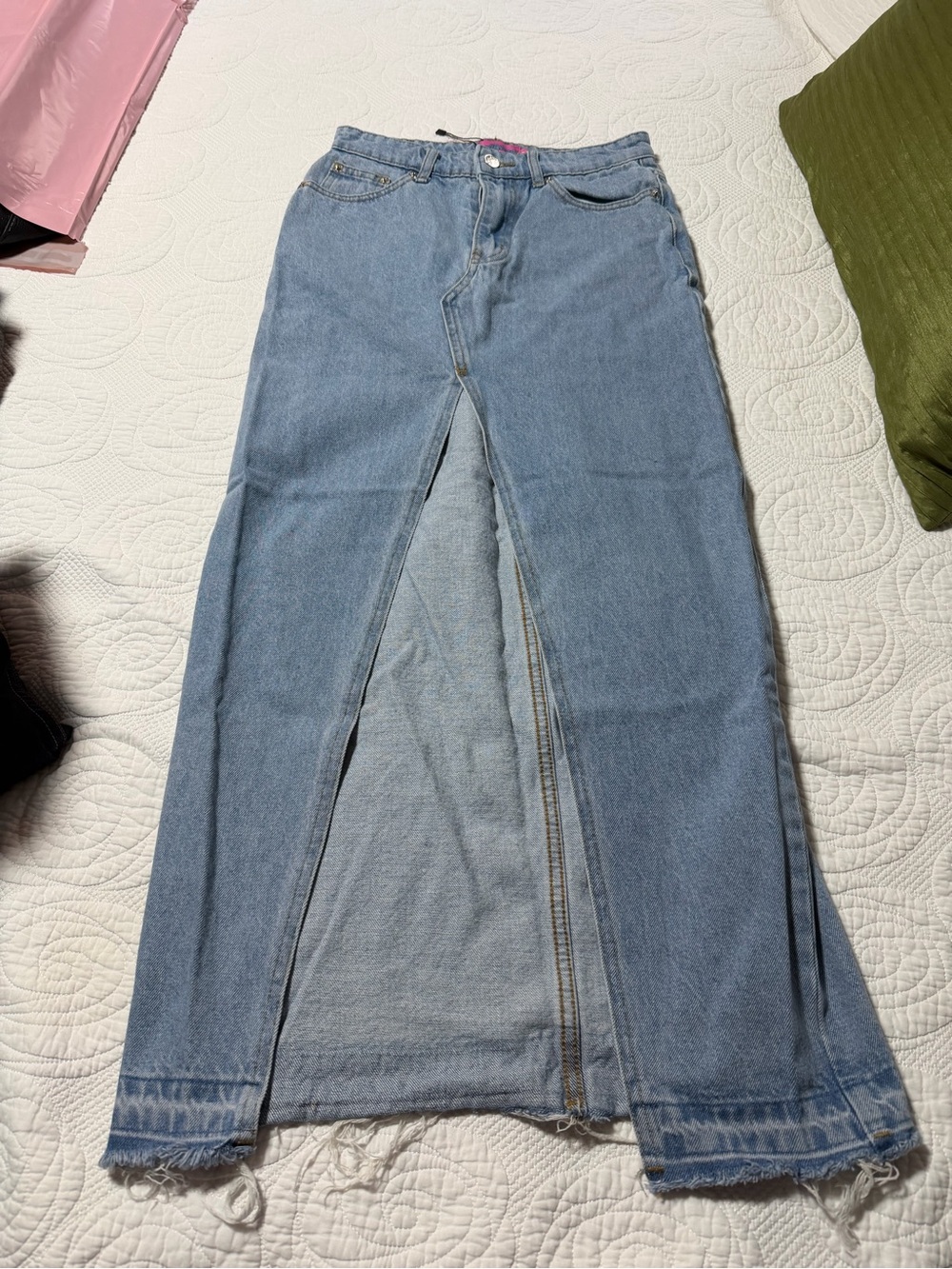 Edikted Light Blue Denim Maxi Skirt with Front Center Slit